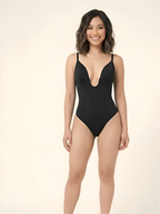 Black backless waist shaper bodysuit for women with deep plunge front and tummy control