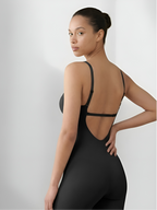 Side back view of black backless shorts bodysuit for smooth waist and hip shaping