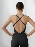Full back view of black backless shorts bodysuit with crisscross straps and seamless support