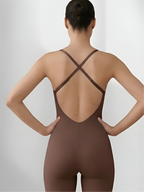 Back view of brown backless shorts bodysuit for sculpting under dresses and outfits