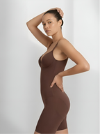 Side view of brown backless shorts bodysuit for sculpting under dresses and outfits