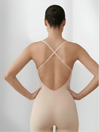 Back view of tan backless shorts bodysuit with crisscross straps and seamless shaping