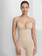 Tan backless shorts bodysuit for women with deep plunge front and smooth shaping fit