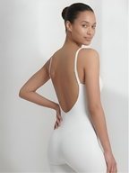 White backless shorts bodysuit for women with deep plunge front and slimming support