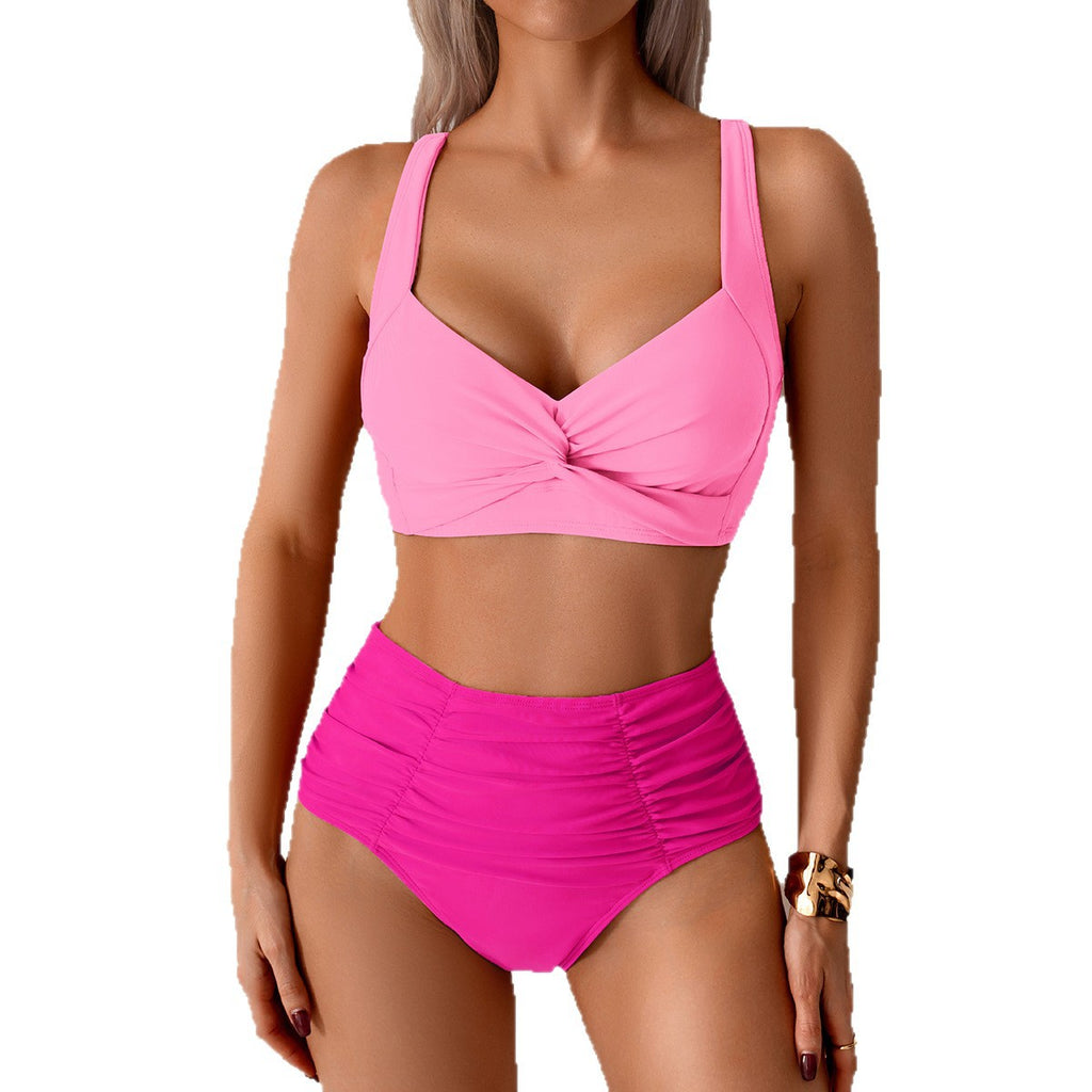 Stylish view of the high waisted twist bikini set with ruched front detail for added texture.