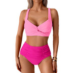 Stylish view of the high waisted twist bikini set with ruched front detail for added texture.