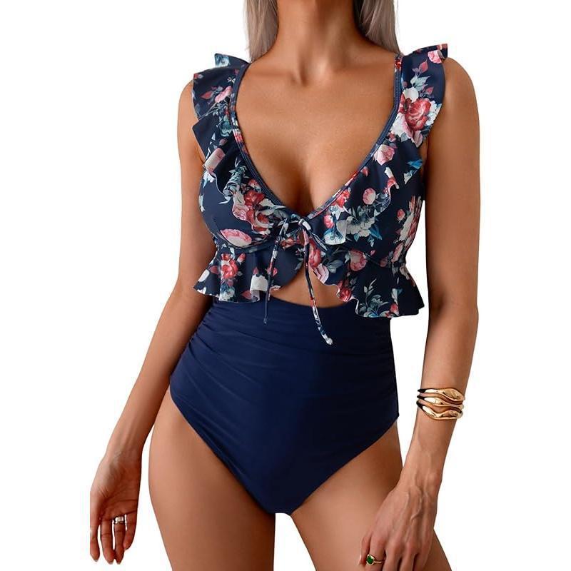 Ruffle V-Neck One-Piece Swimsuit