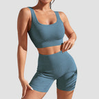 Light blue bra and pant set with ribbed activewear fabric and comfortable support