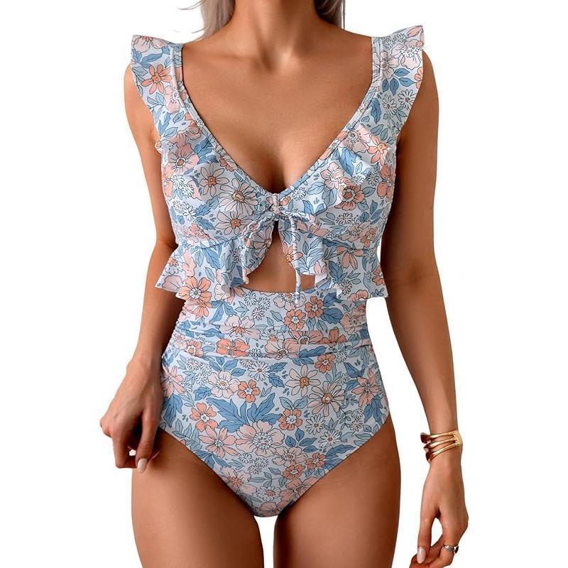 Ruffle V-Neck One-Piece Swimsuit
