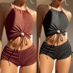 Stylish PeechLove Halter Bikini Shorts Set with adjustable tie-back top and high waisted swim shorts.