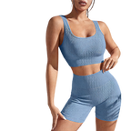 Blue bra and pant set close-up with ribbed fabric and high waist shorts