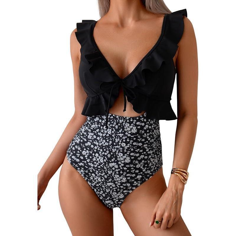 Ruffle V-Neck One-Piece Swimsuit