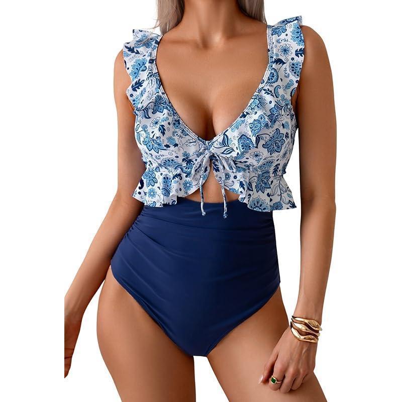 Ruffle V-Neck One-Piece Swimsuit