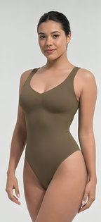 Olive seamless bust support bodysuit for women with body-contouring fit