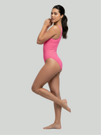Pink seamless bust support bodysuit with smooth tummy control for everyday wear