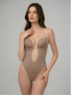 Nude plunge backless shaper for women with deep front cutout and seamless tummy control