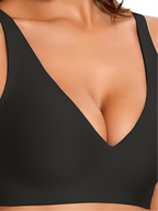 Close-up of black seamless full-cup bra with soft wireless support