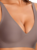 Close-up of gray seamless full-cup bra with soft fabric and wireless comfort