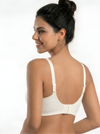 Back view of white seamless comfort bra with supportive straps and full coverage